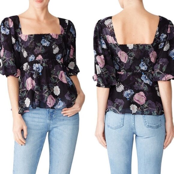 Nicholas 100% Silk Floral Square Neck Smocked Puff Sleeve Blouse Australia Top 6 - Picture 1 of 14